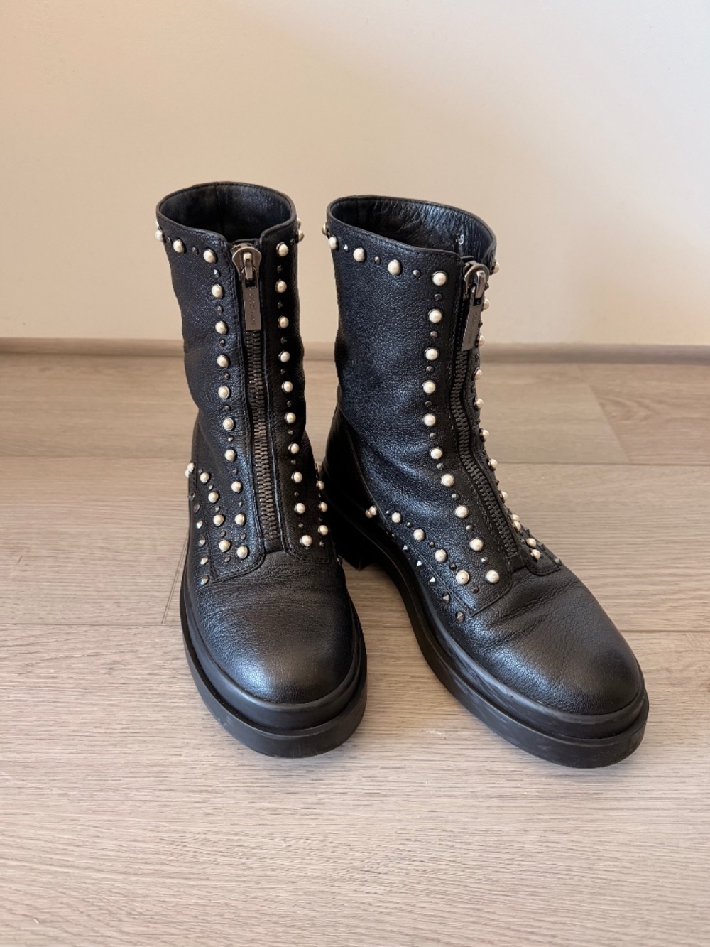Jimmy Choo Black Leather Pearl and Stud Nola Ankle Boots